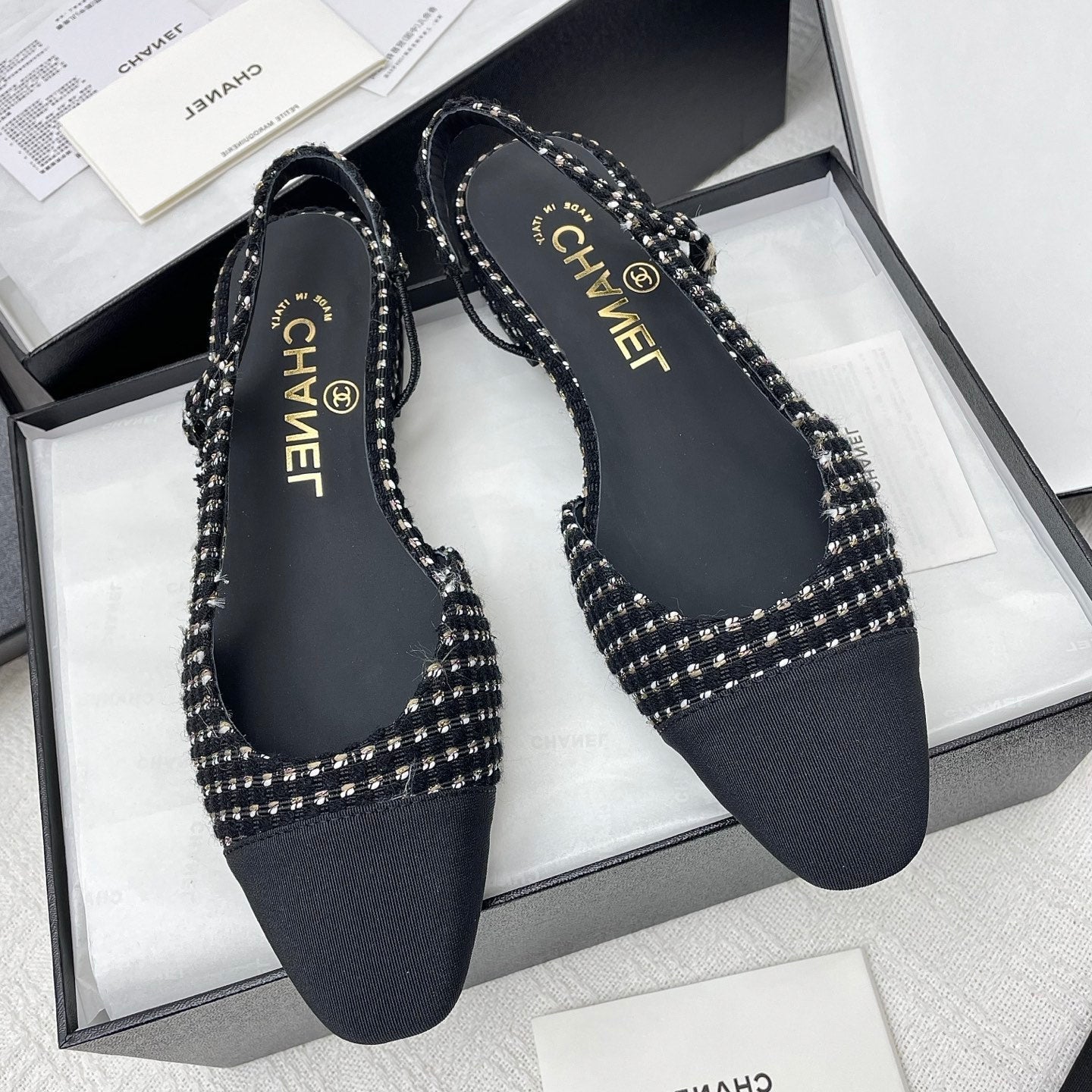 CC SLINGBACK 25S 25 MM IN BLACK MIX WHITE TWEED AND FABRIC