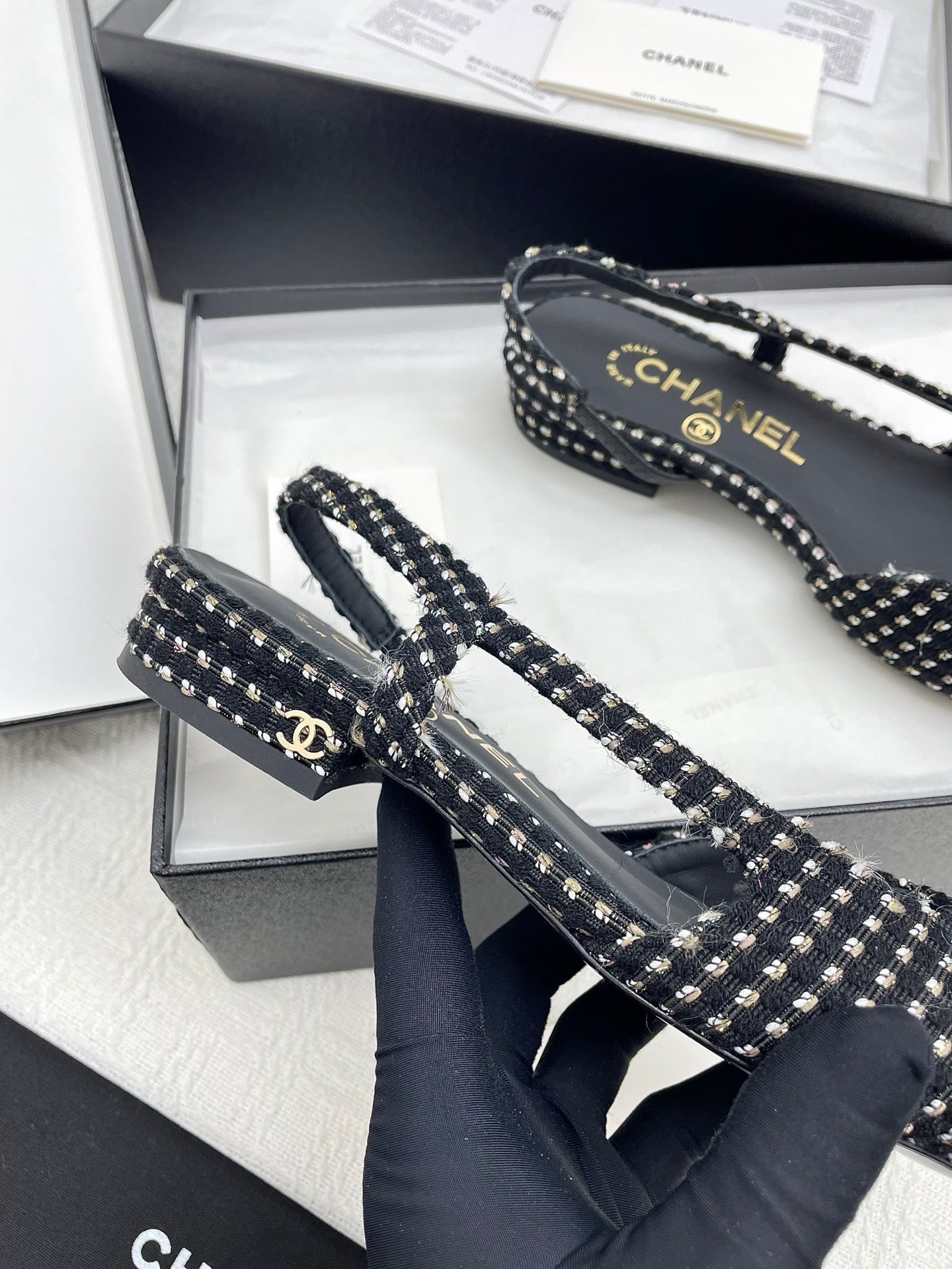 CC SLINGBACK 25S 25 MM IN BLACK MIX WHITE TWEED AND FABRIC