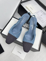 CC SLINGBACK 25S 65 MM IN BLUE DENIM WITH PLAID PATTERN