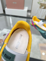 GYMNASIUM BALLERINAS IN GREEN PINK YELLOW TECHNICAL FABRIC AND SUEDE