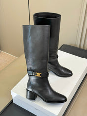 CELINE 26S HIGH-TOP HEELED BOOTS IN BLACK CALFSKIN