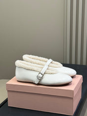 ALAIA 25S MARY JANE SHEARLING FLATS IN WHITE CALFSKIN