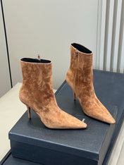 YSL 26S ZIPPERED HEELED BOOTS IN LIGHT BROWN SUEDE