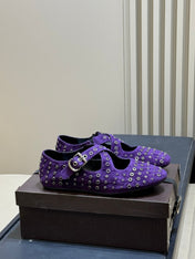 ALAIA 26S CROSS-STRAP FLATS IN PURPLE SUEDE WITH SILVER HARDWARE
