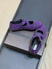 ALAIA 26S CROSS-STRAP FLATS IN PURPLE SUEDE WITH SILVER HARDWARE