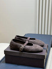 ALAIA 26S KNIT BALLET FLATS IN DARK BROWN SUEDE