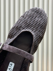 ALAIA 26S KNIT BALLET FLATS IN DARK BROWN SUEDE