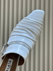 ALAIA 26S PLEATED MULES IN WHITE LAMBSKIN