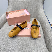 MIUMIU 26S MARY JANE FLATS IN GOLD BROWN SUEDE WITH BLACK BUCKLE STRAP