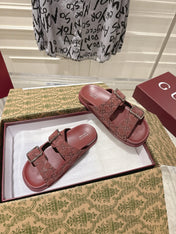 SANDALS IN NAVY RED SUEDE EMBOSSED LOGO SILVER HARDWARE