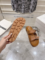 PRADA 26S SLIDES SANDALS IN CARAMEL BROWN CALFSKIN SILVER HARDWARE