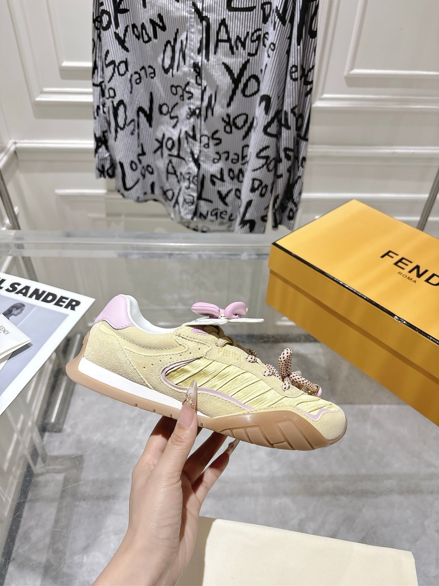 FENDI 26S SNEAKERS IN LIGHT YELLOW FABRIC AND SUEDE
