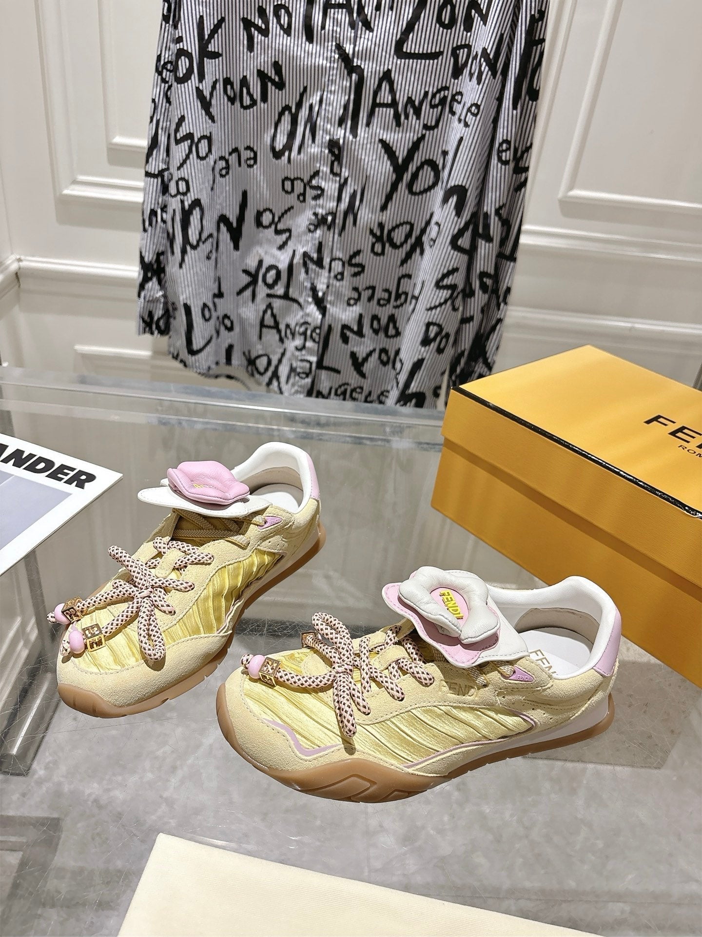 FENDI 26S SNEAKERS IN LIGHT YELLOW FABRIC AND SUEDE