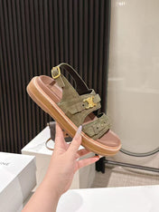 CELINE 25S TIPPI TRIOMPHE SANDAL IN DARK OLIVE CALFSKIN SUEDE