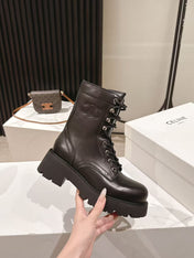 CELINE 25S HIGH HEELED LACE UP BOOTS 50MM IN BLACK CALFSKIN