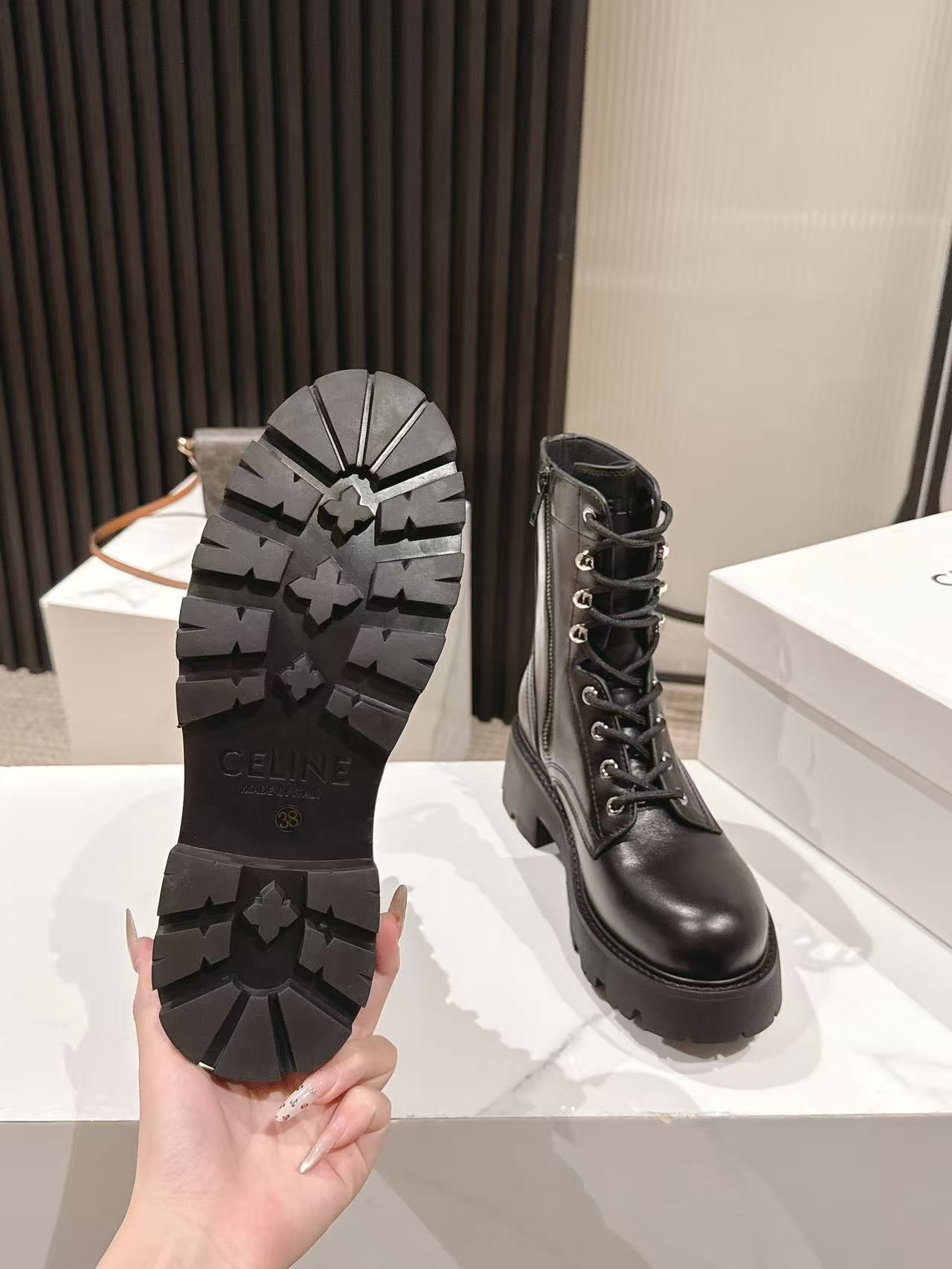 CELINE 25S HIGH HEELED LACE UP BOOTS 50MM IN BLACK CALFSKIN