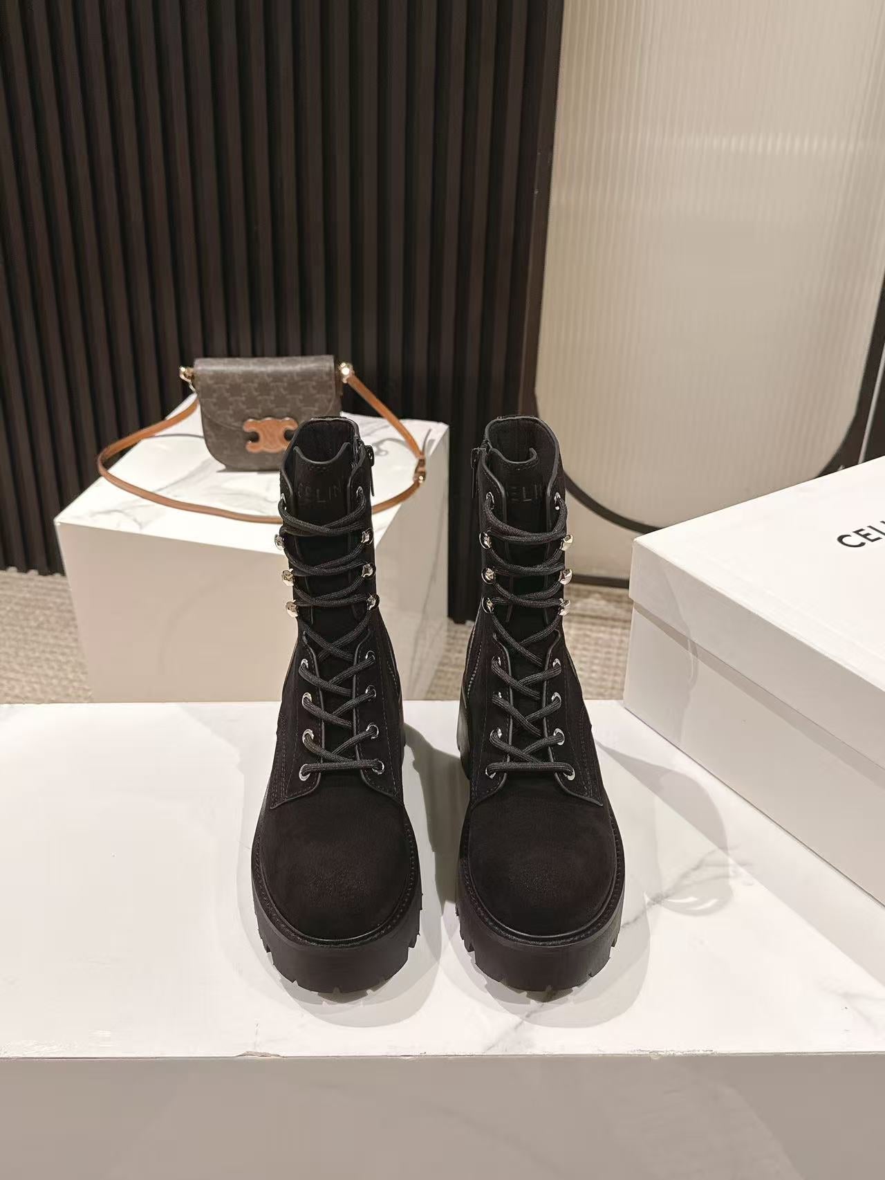 CELINE 25S HIGH HEELED LACE UP BOOTS 50MM IN BLACK SUEDE