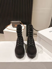CELINE 25S HIGH HEELED LACE UP BOOTS 50MM IN BLACK SUEDE