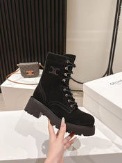 CELINE 25S HIGH HEELED LACE UP BOOTS 50MM IN BLACK SUEDE