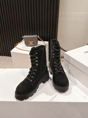CELINE 25S HIGH HEELED LACE UP BOOTS 50MM IN BLACK SUEDE