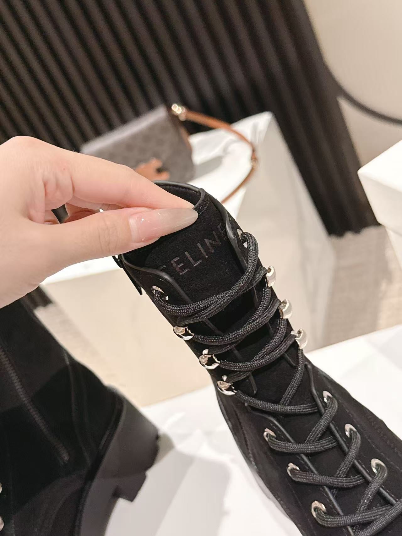 CELINE 25S HIGH HEELED LACE UP BOOTS 50MM IN BLACK SUEDE