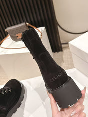 CELINE 25S HIGH HEELED LACE UP BOOTS 50MM IN BLACK SUEDE