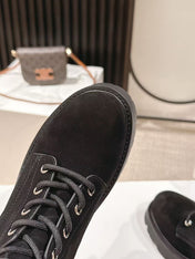 CELINE 25S HIGH HEELED LACE UP BOOTS 50MM IN BLACK SUEDE