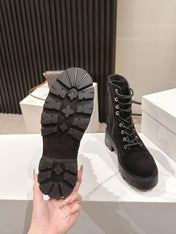 CELINE 25S HIGH HEELED LACE UP BOOTS 50MM IN BLACK SUEDE