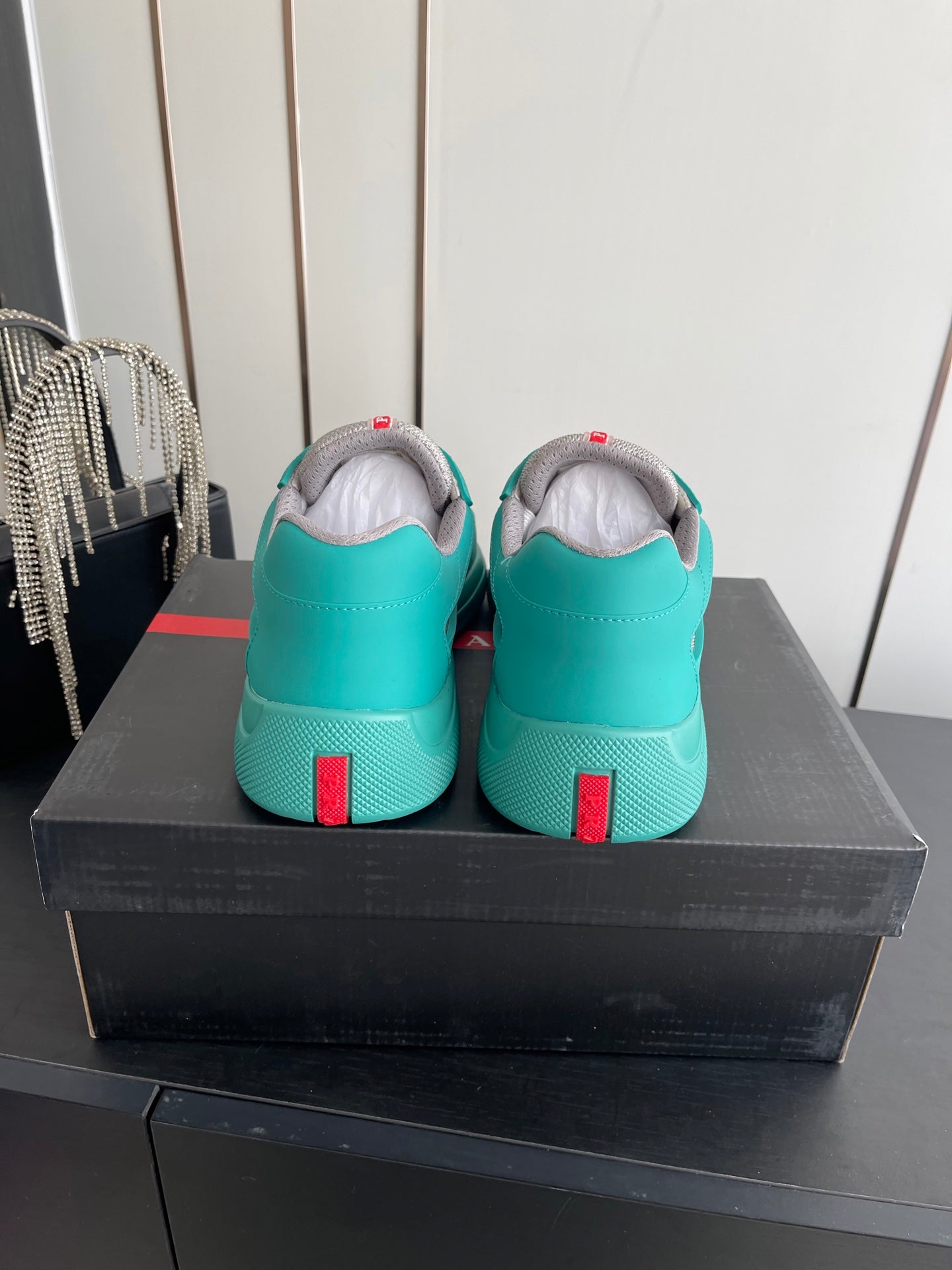 PRADA 26S AMERICA CUP SNEAKERS IN TEAL BLUE SOFT RUBBER AND BIKE FABRIC