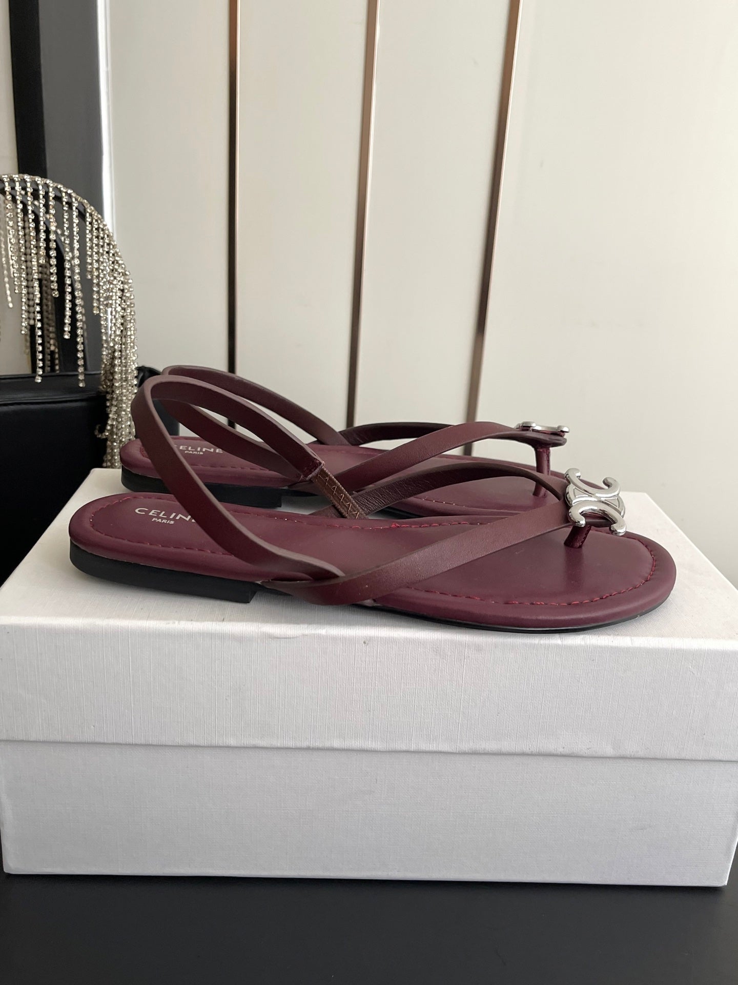 CELINE 26S THONG SANDALS IN DARK RED CALFSKIN
