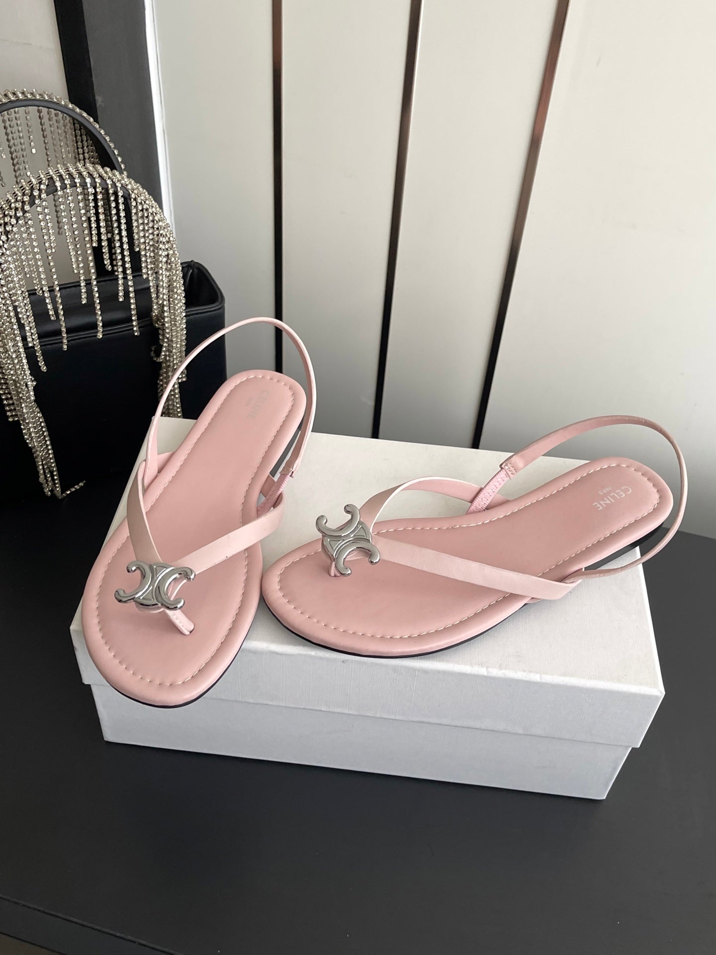 CELINE 26S THONG SANDALS IN LIGHT PINK CALFSKIN