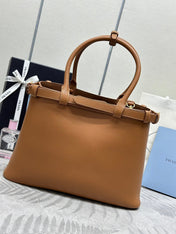 PRADA 25S BUCKLE MEDIUM HANDBAG 35 IN DARK CARAMEL CALFSKIN GOLD HARDWRE