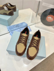 SNEAKERS IN BROWN LAMBSKIN AND BEIGE CANVAS