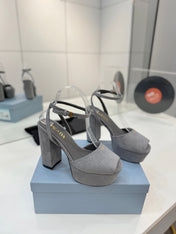 PRADA 26S HEELED SANDALS 115MM IN GRAY SUEDE