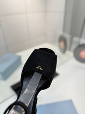 PRADA 26S HEELED SANDALS 115MM IN BLACK SUEDE