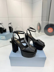 PRADA 26S HEELED SANDALS 115MM IN BLACK CALFSKIN