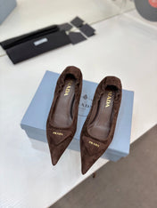 PRADA 26S PUMPS 55MM IN DARK BROWN SUEDE WITH LOGO