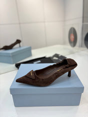 PRADA 26S PUMPS 55MM IN DARK BROWN SUEDE WITH LOGO
