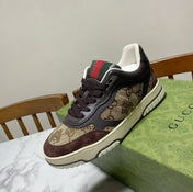 GUCCI 26S RE-WEB TRAINER SNEAKERS IN BROWN CALFSKIN AND BEIGE CANVAS