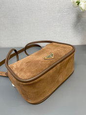 BOWLING BAG 25 IN ASH BROWN SUEDE AND CALFSKIN TRIM GOLD LOGO