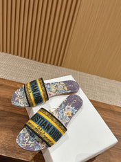DIOR 26S SLIDE SANDALS IN PURPLE FLORAL MULTICOLOR LOGO STRAP
