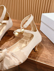DIOR ADIORABLE HIGH HEEL 25S IN LIGHT BEIGE FABRIC WITH PEARL DETAILING