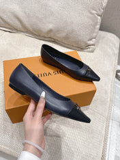 LV 26S POINTED TOE BALLET FLATS IN NAVY BLUE CALFSKIN