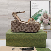 GG  Horsebit Wedges Sandals Brown