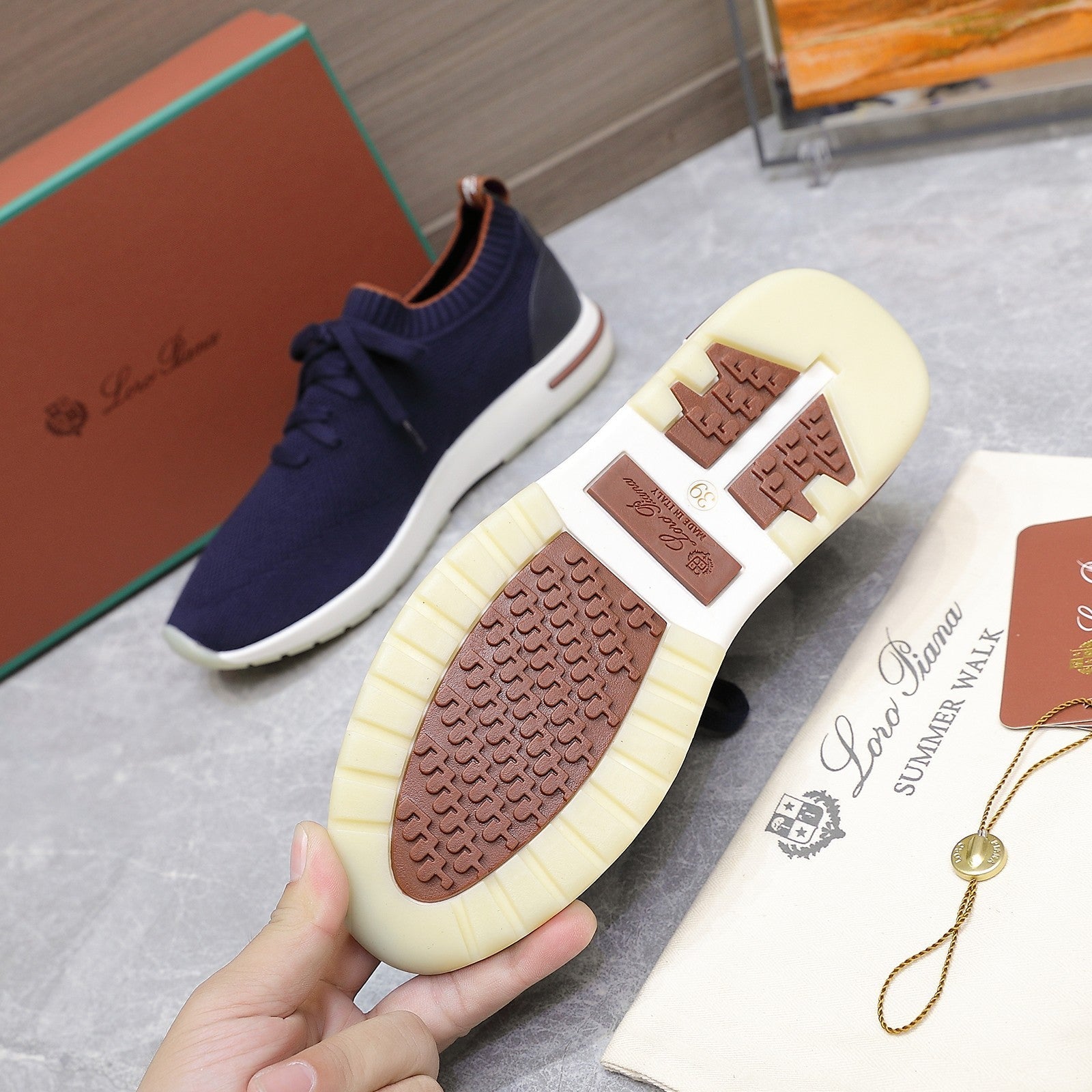 LP LADY FLEXY WALK SNEAKER NAVY BLUE AND ORANGE WOOL CALFSKIN