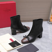 VALENTINO 25S VALET DU ROI ANKLE BOOTS 60 MM IN BLACK MIX DARK BROWN CALFSKIN WITH BOW