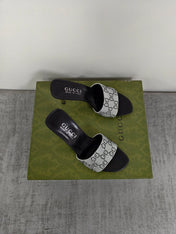 GUCCI 26S MULE SANDALS 85MM IN SILVER SATIN CRYSTAL GG