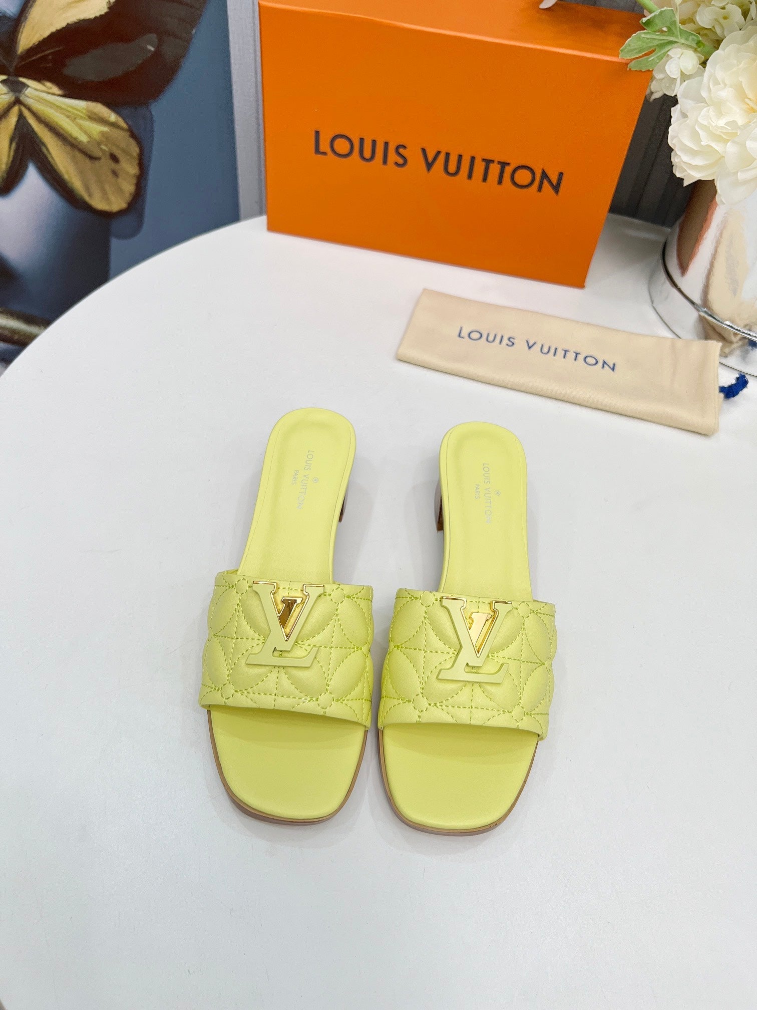 LV 26S MARE HIGH-HEELED MULE SANDALS IN LIGHT YELLOW CALFSKIN