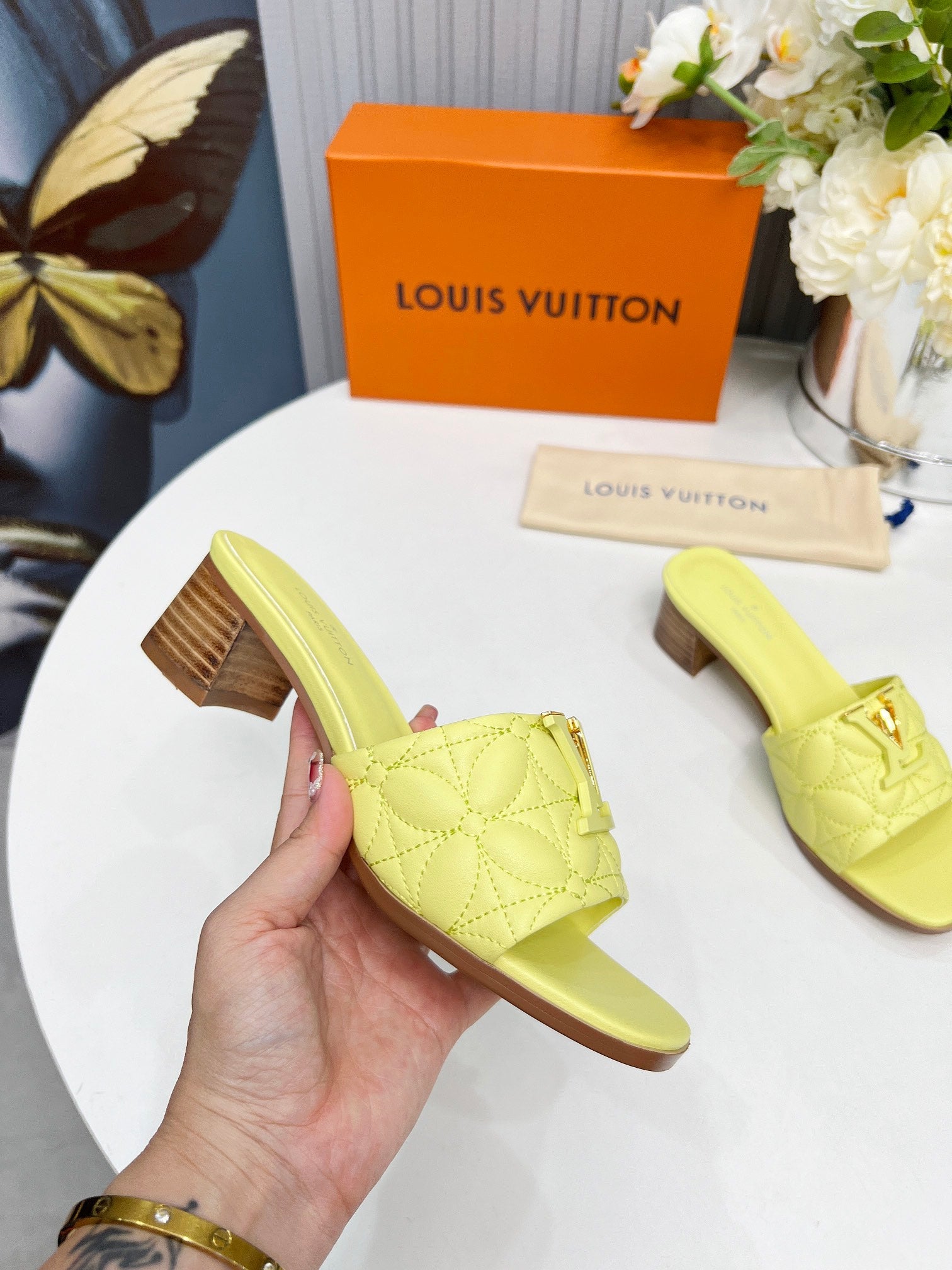 LV 26S MARE HIGH-HEELED MULE SANDALS IN LIGHT YELLOW CALFSKIN