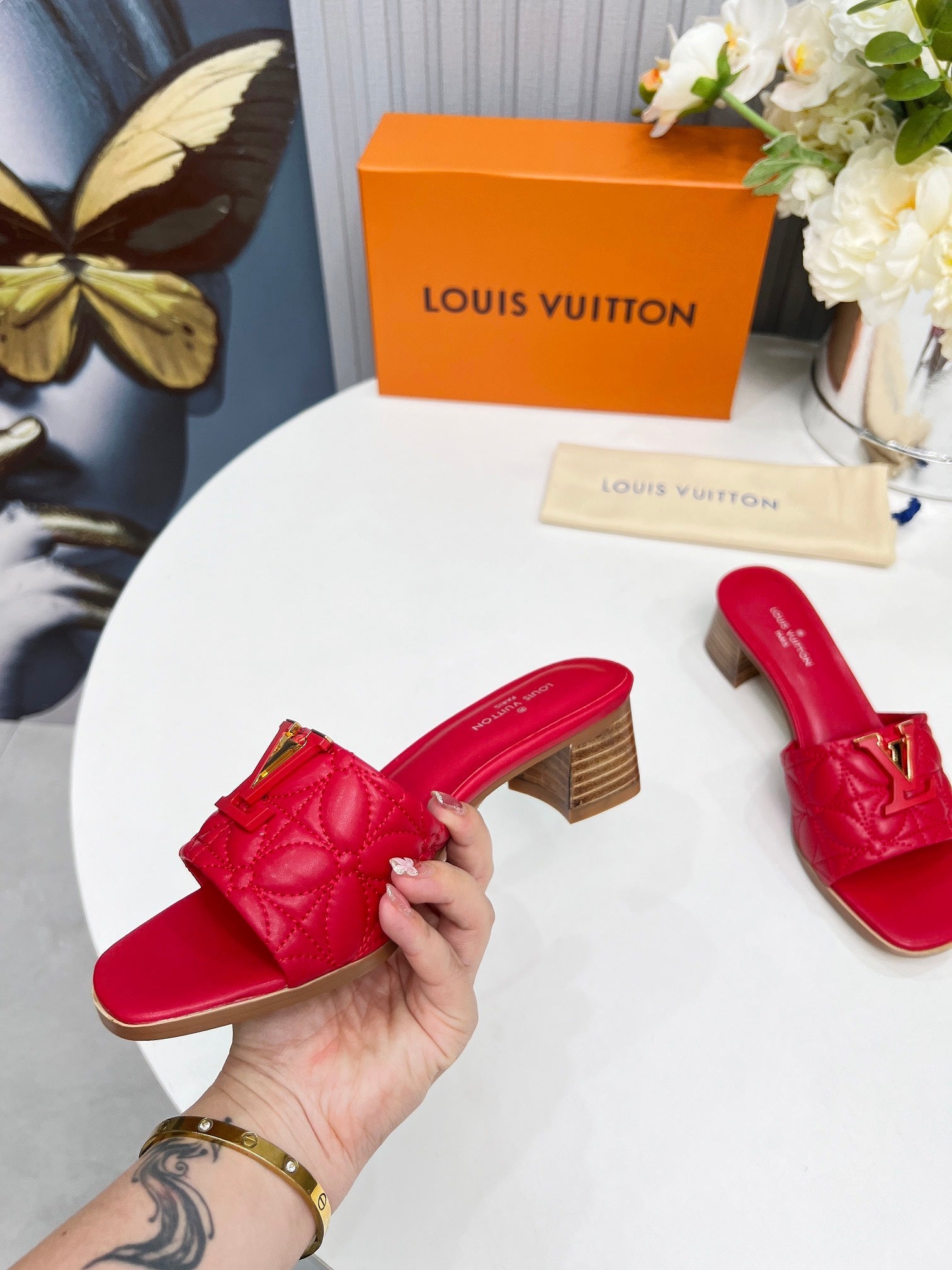 LV 26S MARE HIGH-HEELED MULE SANDALS IN RED CALFSKIN